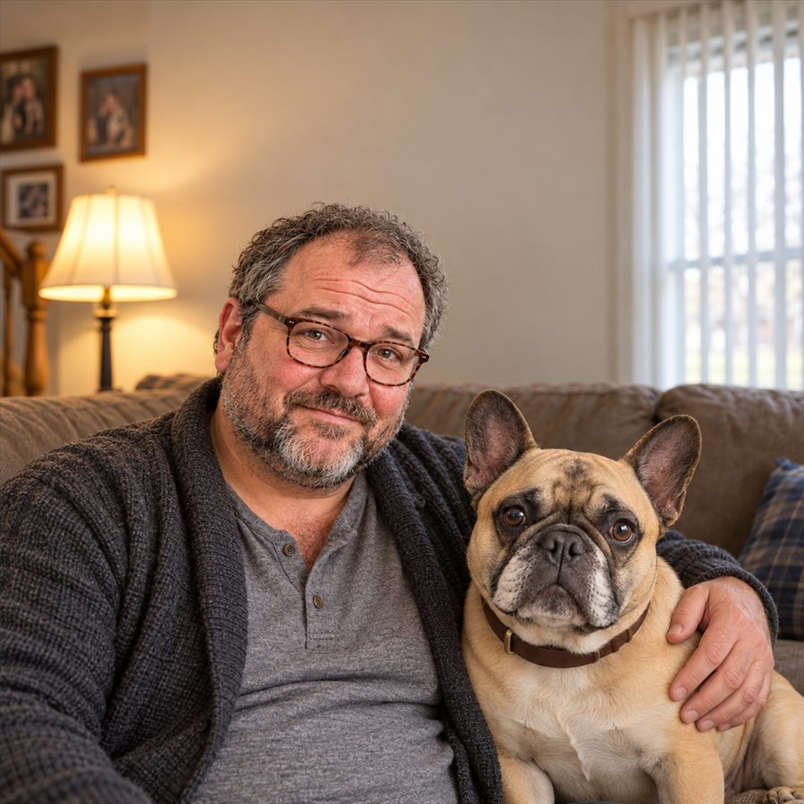 George Harlan sitting on a sofa with his dog